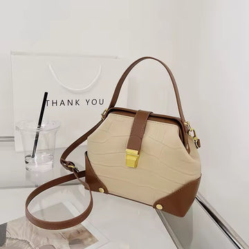 Two-Tone Beige and Brown Structured Crossbody Bag