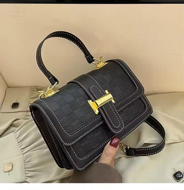Black Structured Handbag with Gold Buckle Detail
