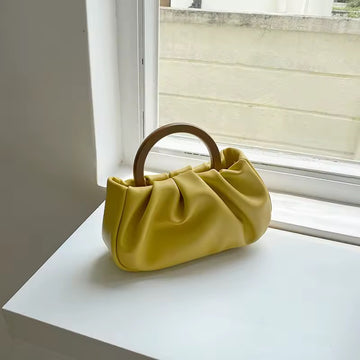 Yellow Pleated Handbag with Wooden Ring Handles