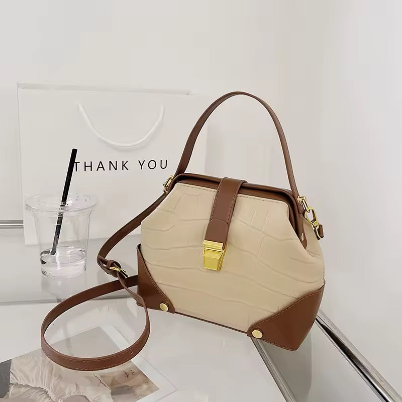 Two-Tone Beige and Brown Structured Crossbody Bag