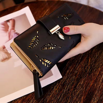Black Leaf Cutout Wallet with Gold Charm