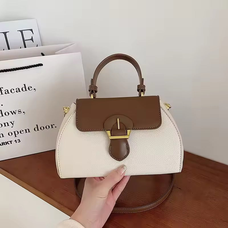 Two-Tone Brown and Beige Crossbody Bag with Buckle Detail