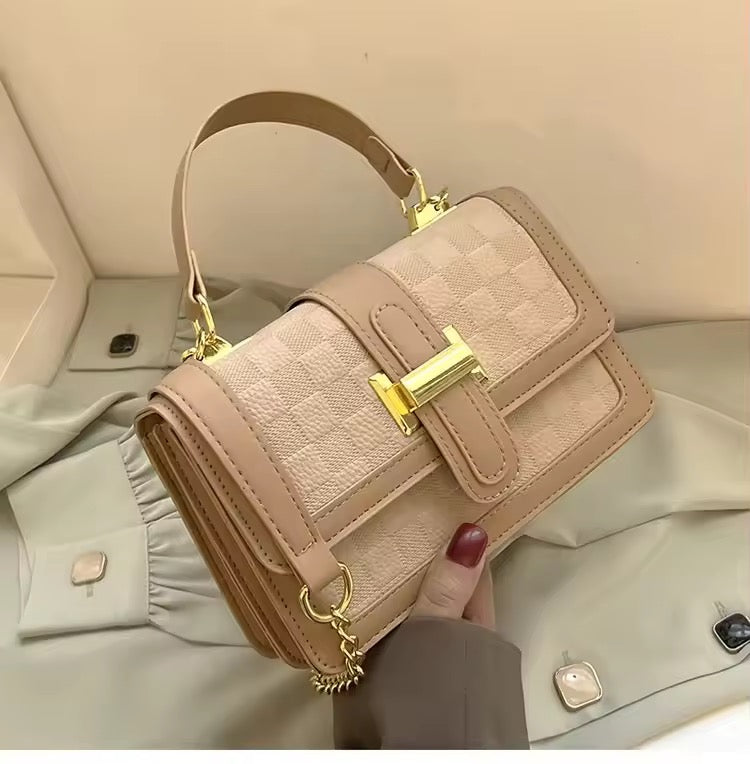 Black Structured Handbag with Gold Buckle Detail