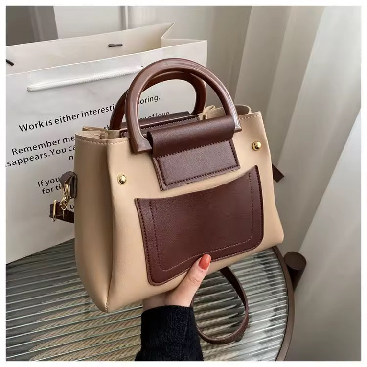Two-Tone Beige and Brown Structured Handbag