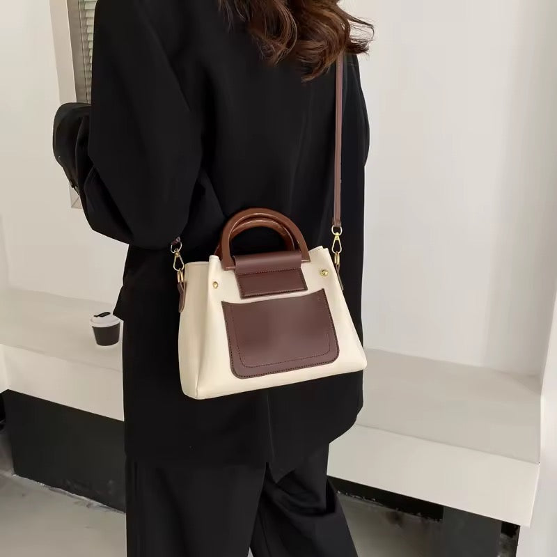 Two-Tone Beige and Brown Structured Handbag