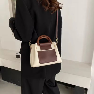 Two-Tone Beige and Brown Structured Handbag