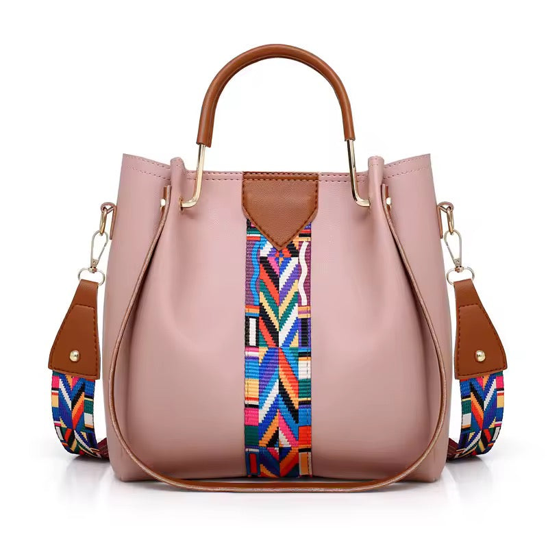 Pink Tote Bag with Colorful Geometric Strap