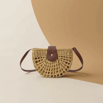 Half-Moon Woven Straw Crossbody Bag with Brown Leather Strap