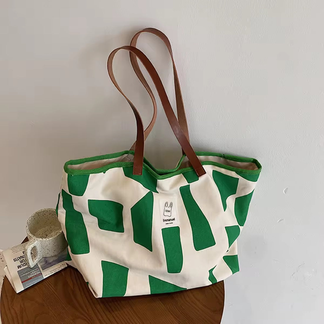 Blue and White Abstract Print Canvas Tote Bag