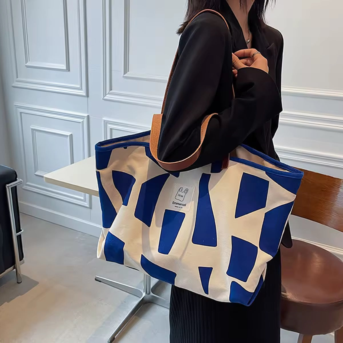 Blue and White Abstract Print Canvas Tote Bag