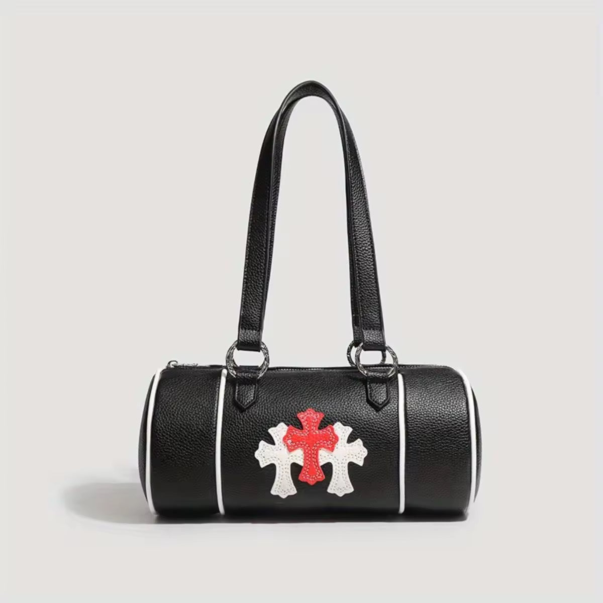 Black Cylinder Shoulder Bag with Cross Patch Design