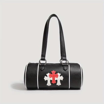 Black Cylinder Shoulder Bag with Cross Patch Design