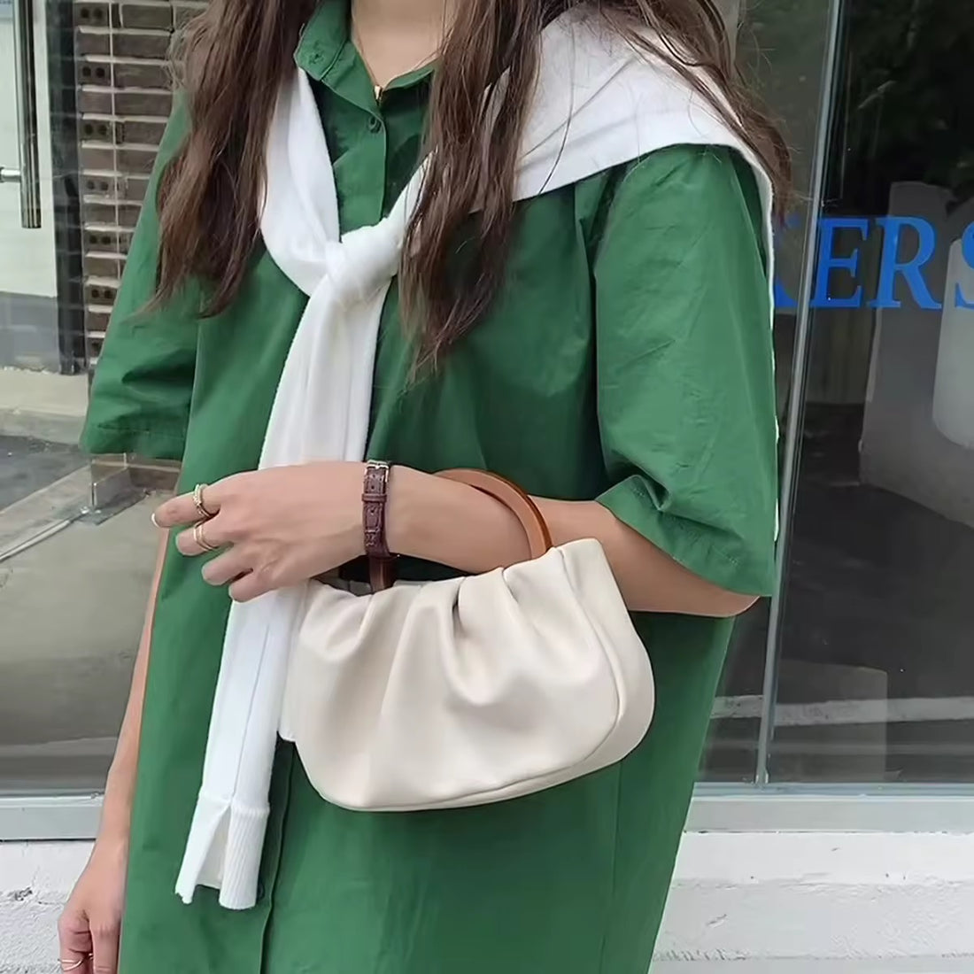 Yellow Pleated Handbag with Wooden Ring Handles