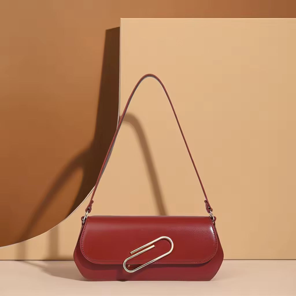Red Shoulder Bag with Gold Paperclip Accent