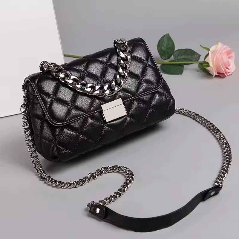 Grey Quilted Leather Crossbody Bag with Silver Chain