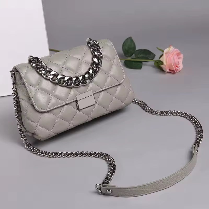 Grey Quilted Leather Crossbody Bag with Silver Chain