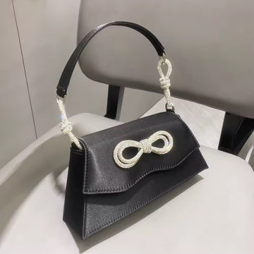 Black Satin Evening Bag with Crystal Bow and Beaded Handle