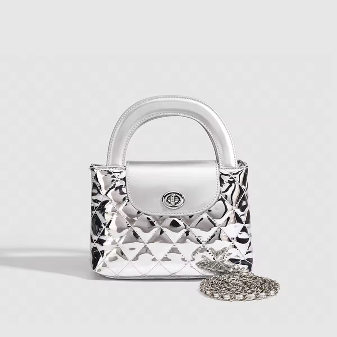 Mini Metallic Silver Quilted Handbag with Chain Strap
