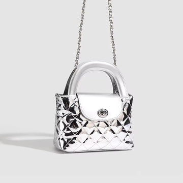 Mini Metallic Silver Quilted Handbag with Chain Strap