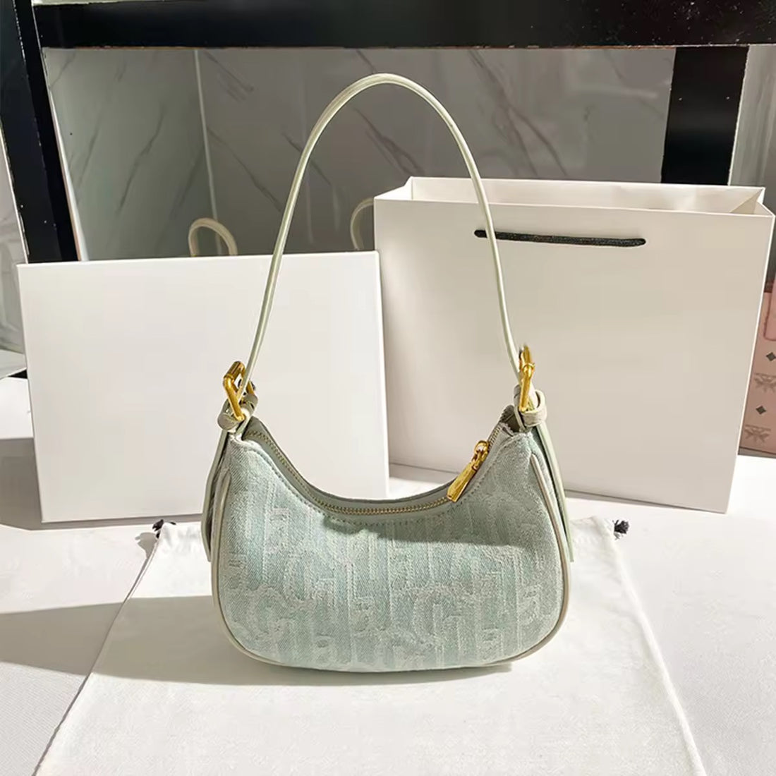 Elegant Light Green Shoulder Bag with Gold Hardware